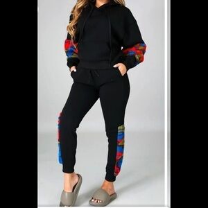 Faux Fur Elbow Patch Hoodie and Sweatpants Set. S/M